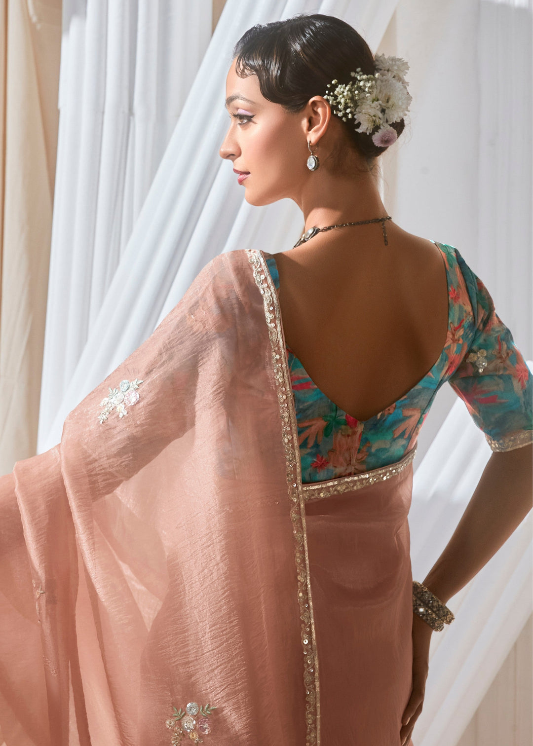 Peach Pink Fancy Silk Saree With Printed Blouse