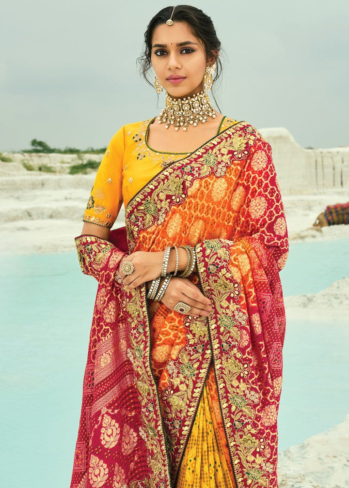 Yellow & Orange Georgette Bandhej Saree