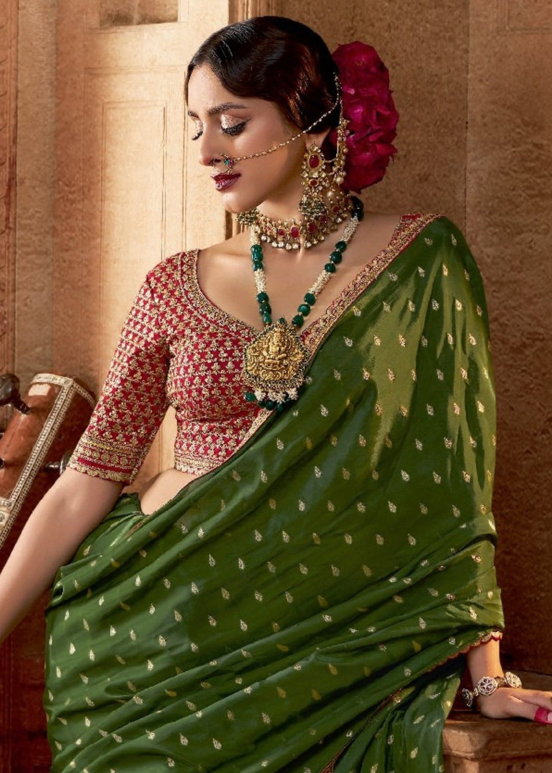 Mehendi Viscose Crepe Silk Saree