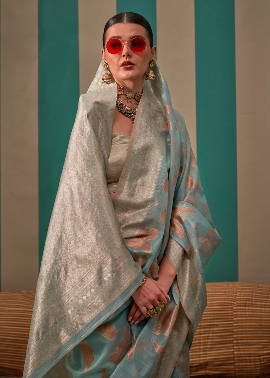 Light Blue Handloom Weaving Linen Saree