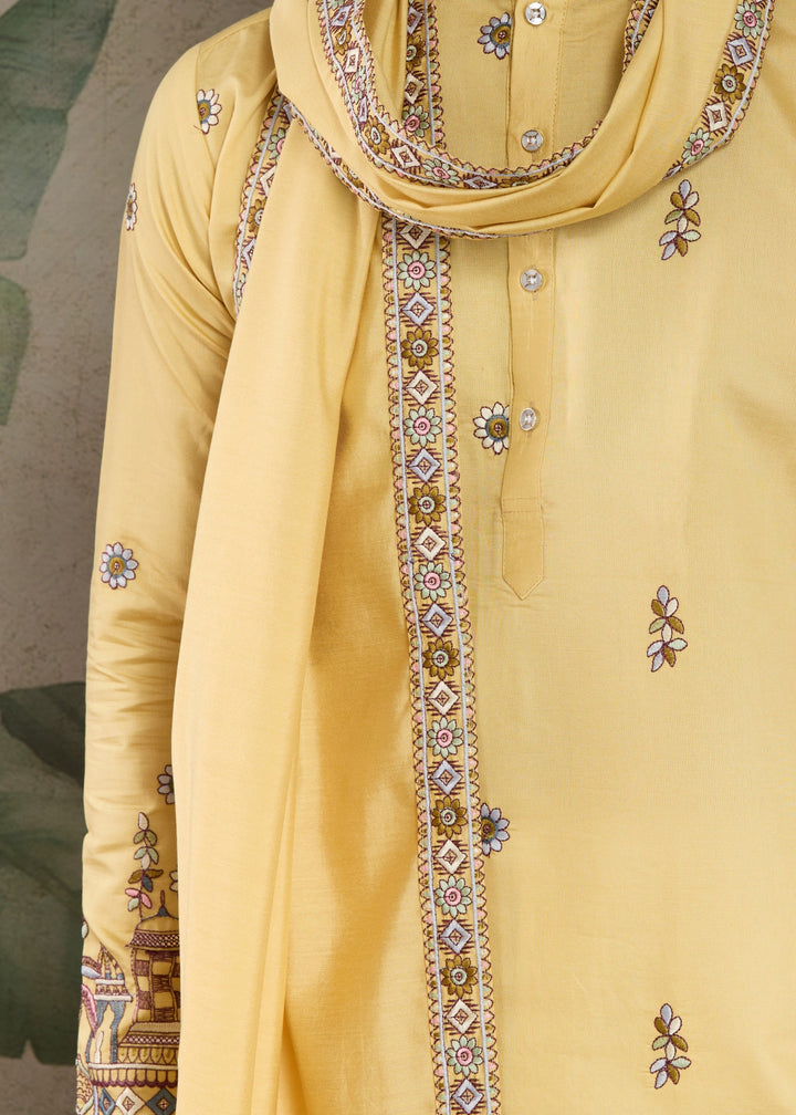 Daffodil Yellow Viscose Silk Kurta Set With Thread & Sequins Embroidered Work
