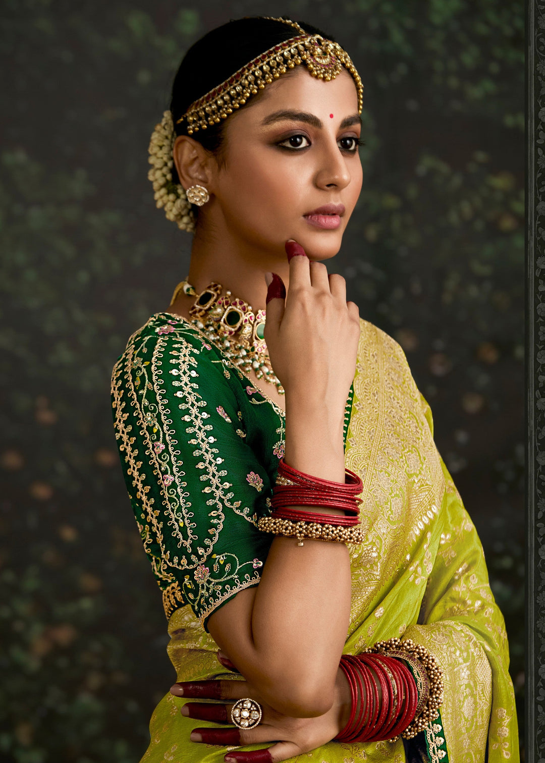 Lime-green and Dark-green Viscose silk Saree