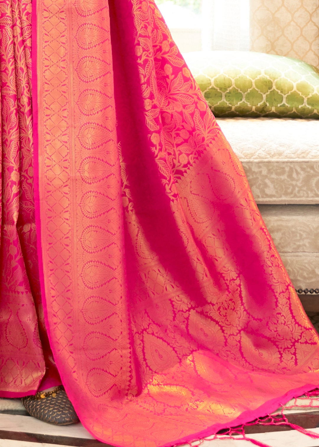 Hot Pink Zari Woven Kanjivaram Silk Saree with Tassels on Pallu