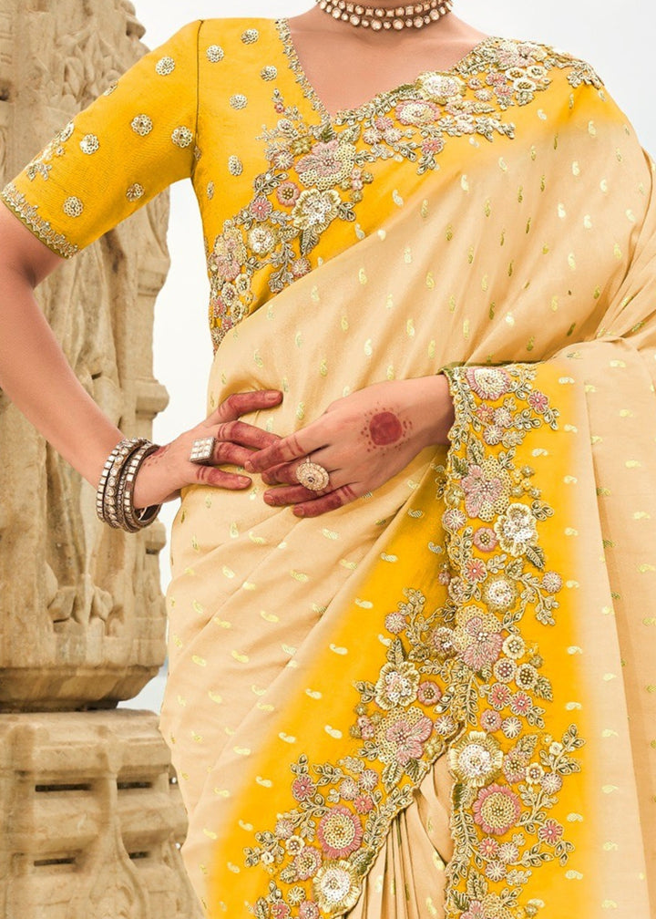 Light Yellow Silk Saree With Embroidery Cut and Butti Work