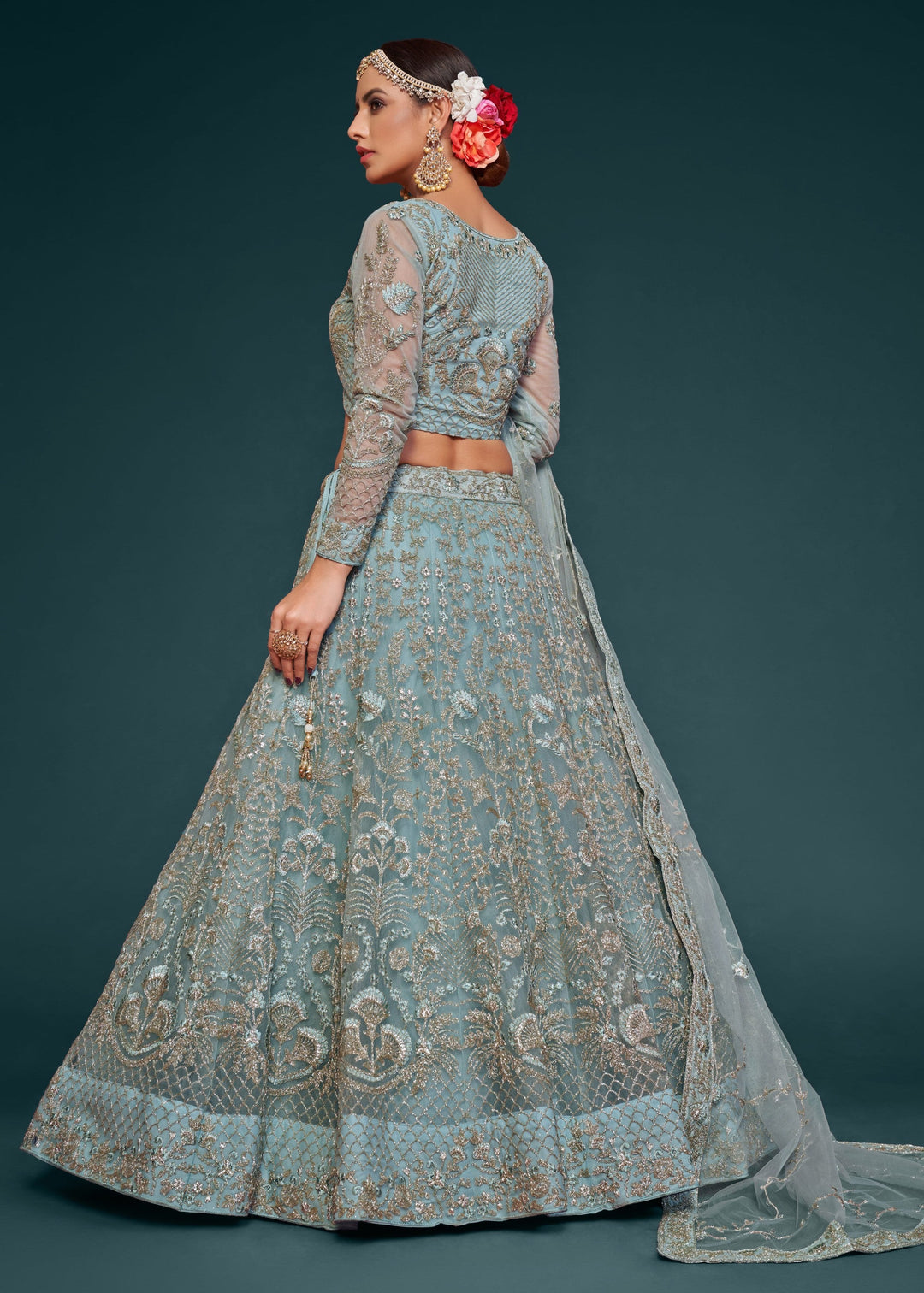 Aqua Blue Soft Net Lehenga with Thread, Zari, Badla and Glitter Dori Embroidery Work