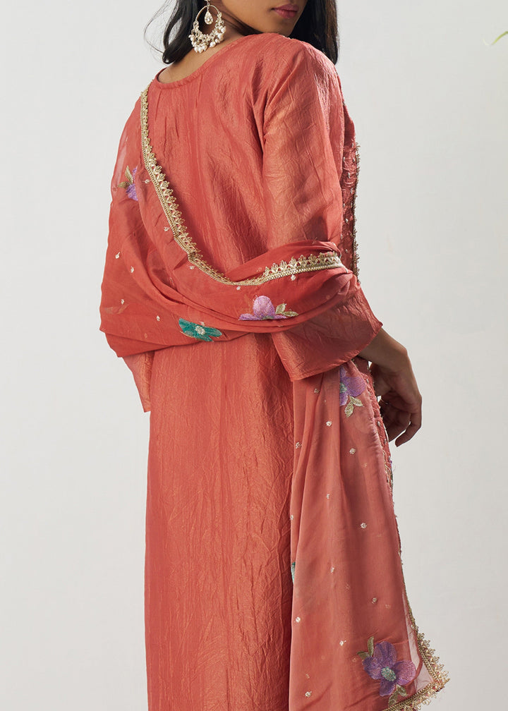 Vermillion Orange Silk Pant Suit With Chiffon Dupatta