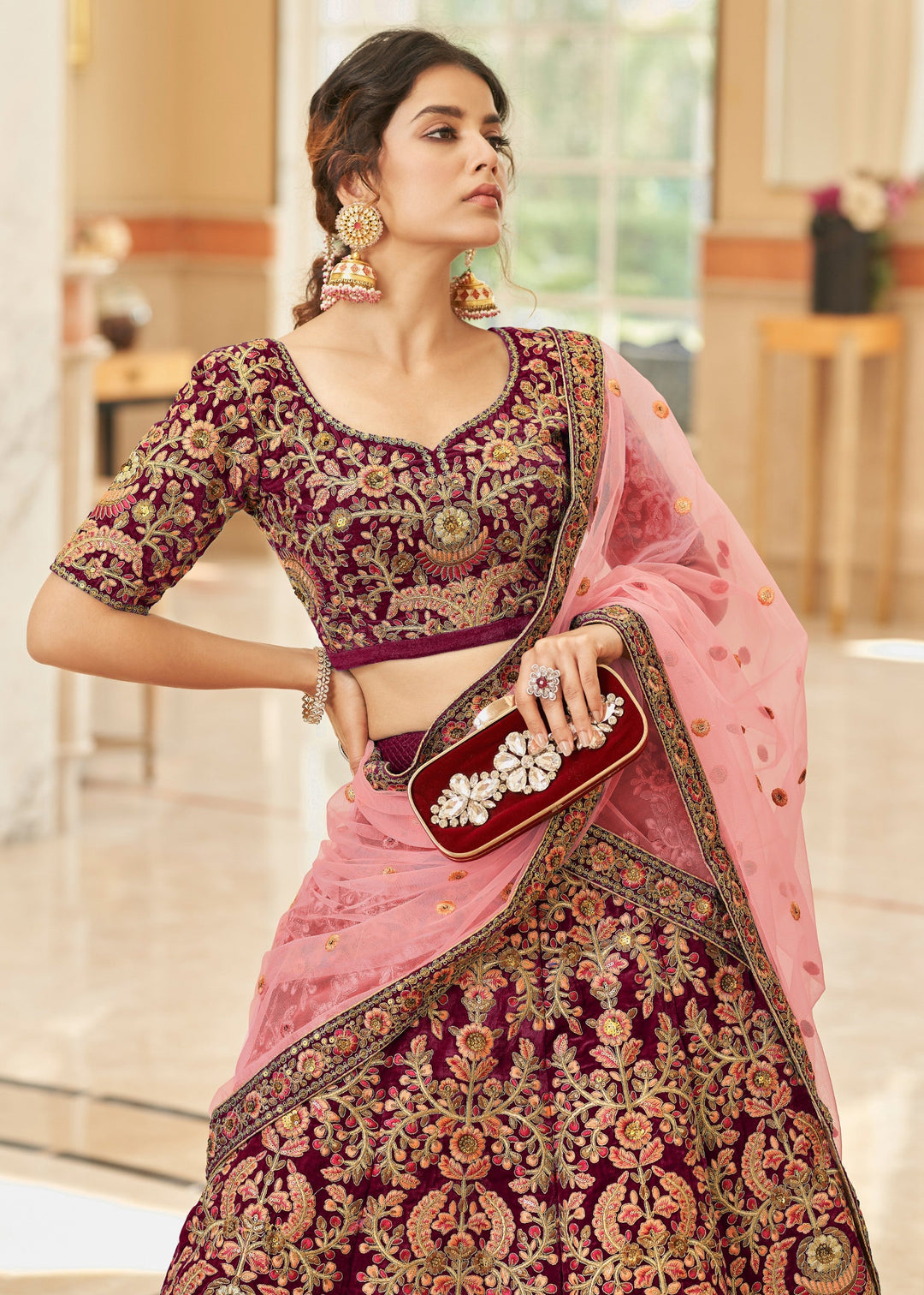 Maroon Red Velvet Lehenga Choli