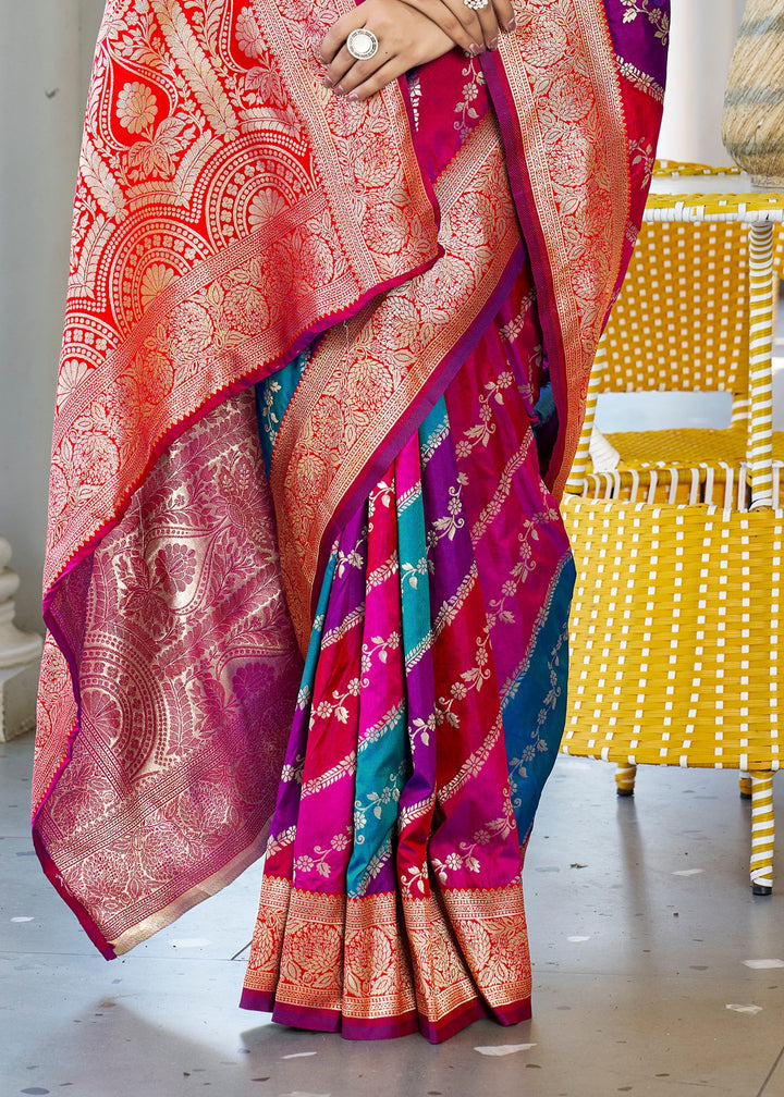 Pink Leriya Zari Woven Banarasi Silk Saree With Contrast Pallu
