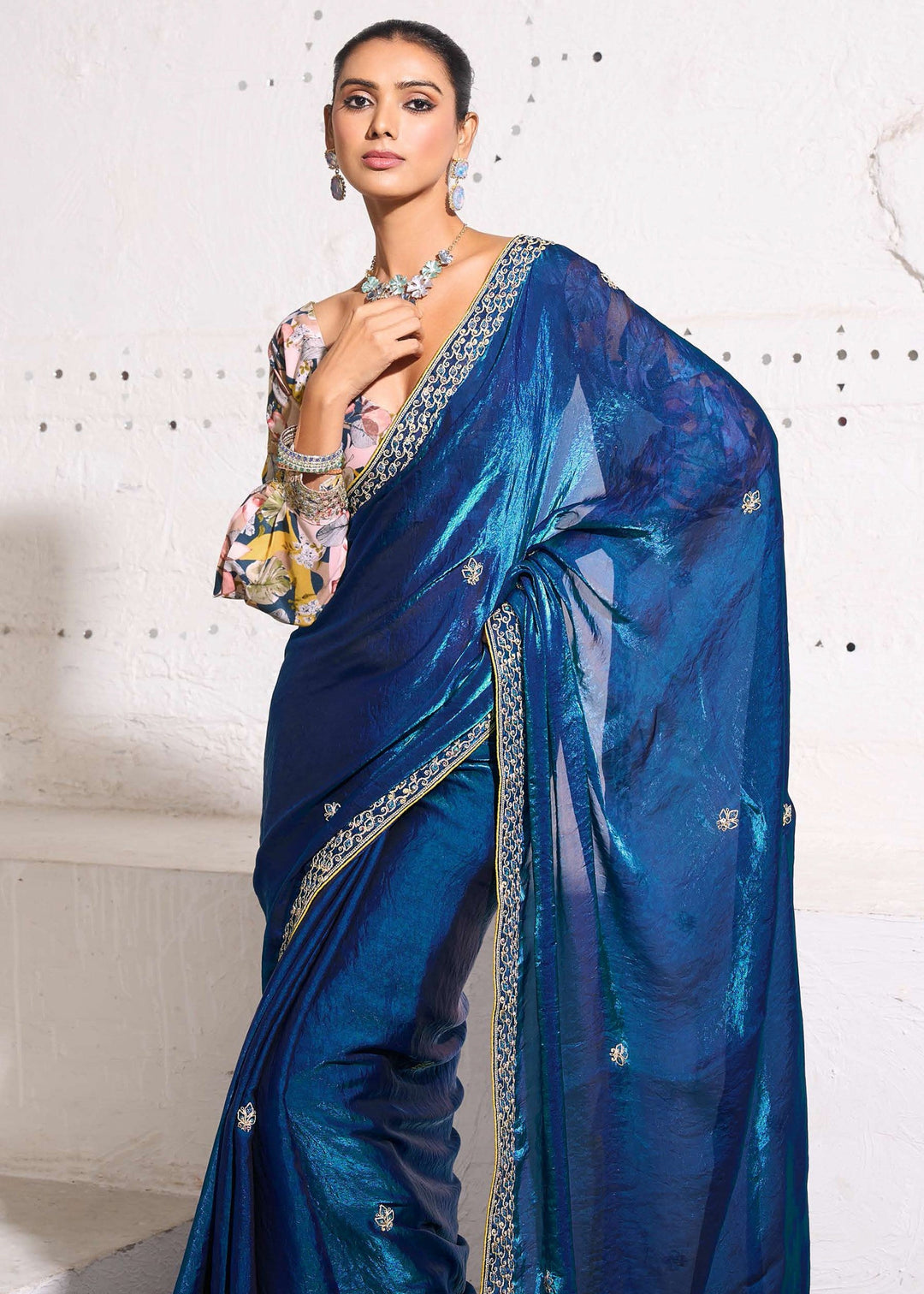 Admiral Blue Gold Crush Tissue Silk Saree With Beautiful Blouse