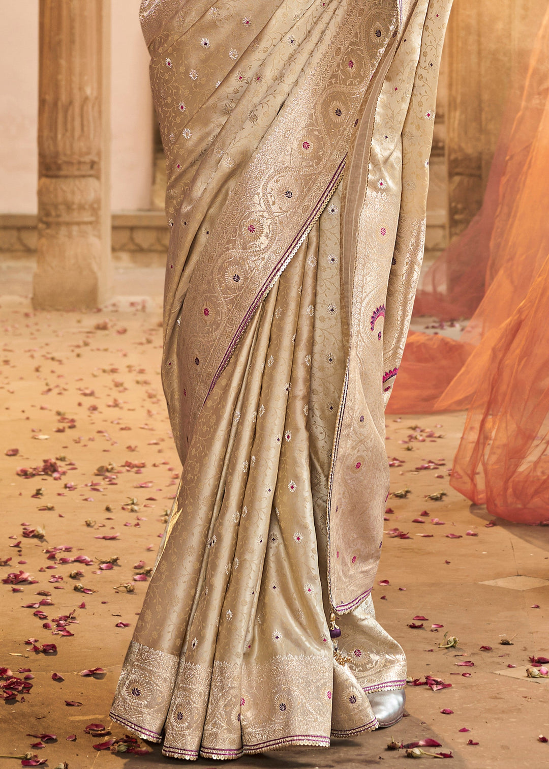 Warm White Satin Silk Saree