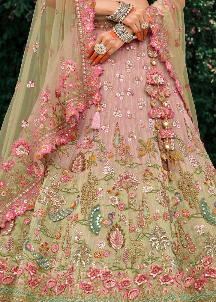Pistachio Green Fancy Silk Lehenga Choli With Cut Work Embroidery Border & Stone Work