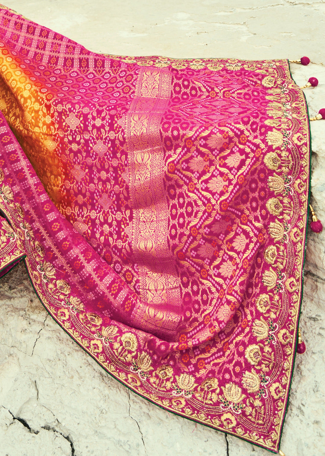 Yellow & Pink Georgette Bandhej Saree