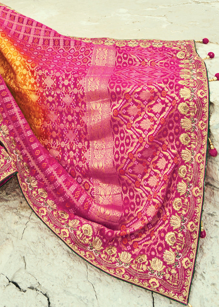 Yellow & Pink Georgette Bandhej Saree