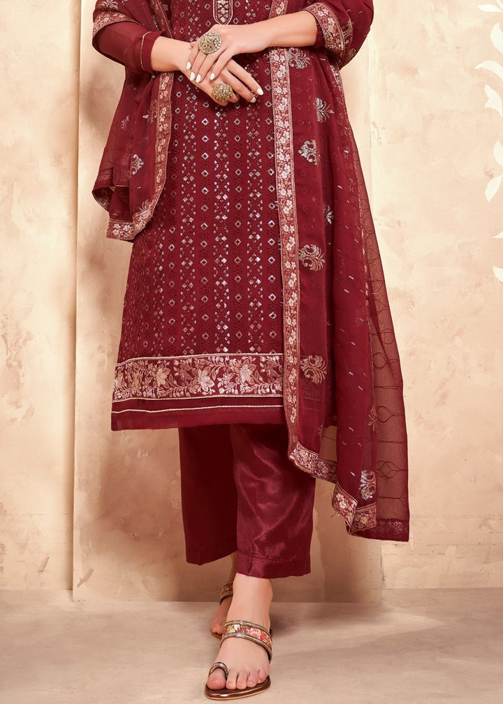 Maroon Red Georgette Pant Suit