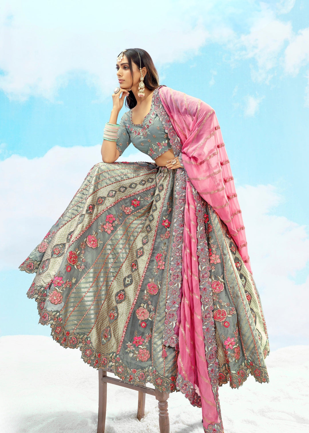 Grey and Pink Silk Lehenga With Cut Work Border
