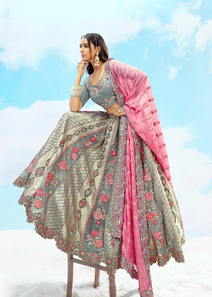 Grey and Pink Silk Lehenga With Cut Work Border