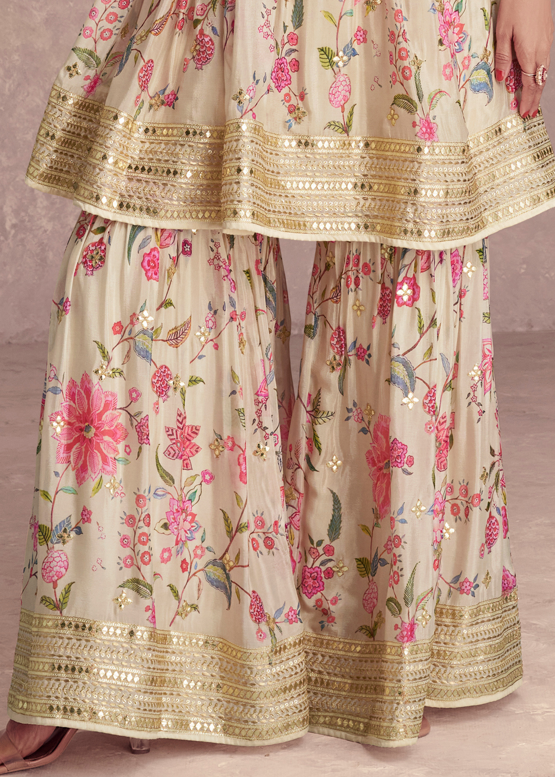 Tea Green Digital Floral Printed Chinon Suit with Embroidery work