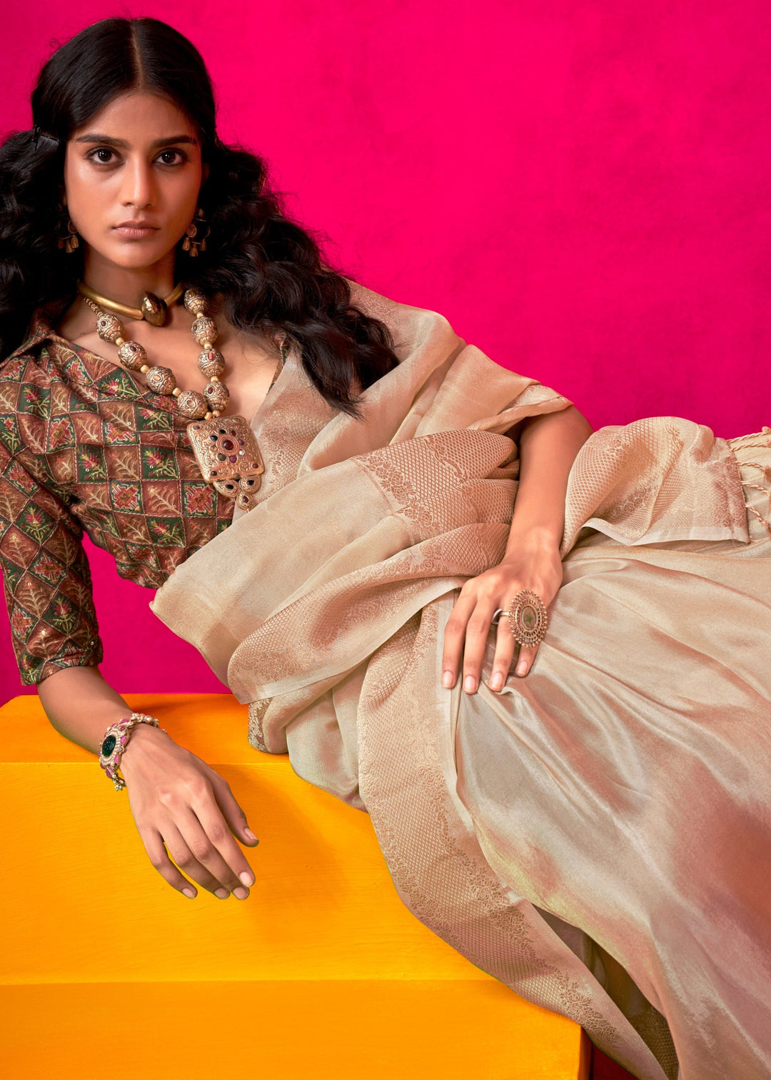 Beige Tissue Silk Saree