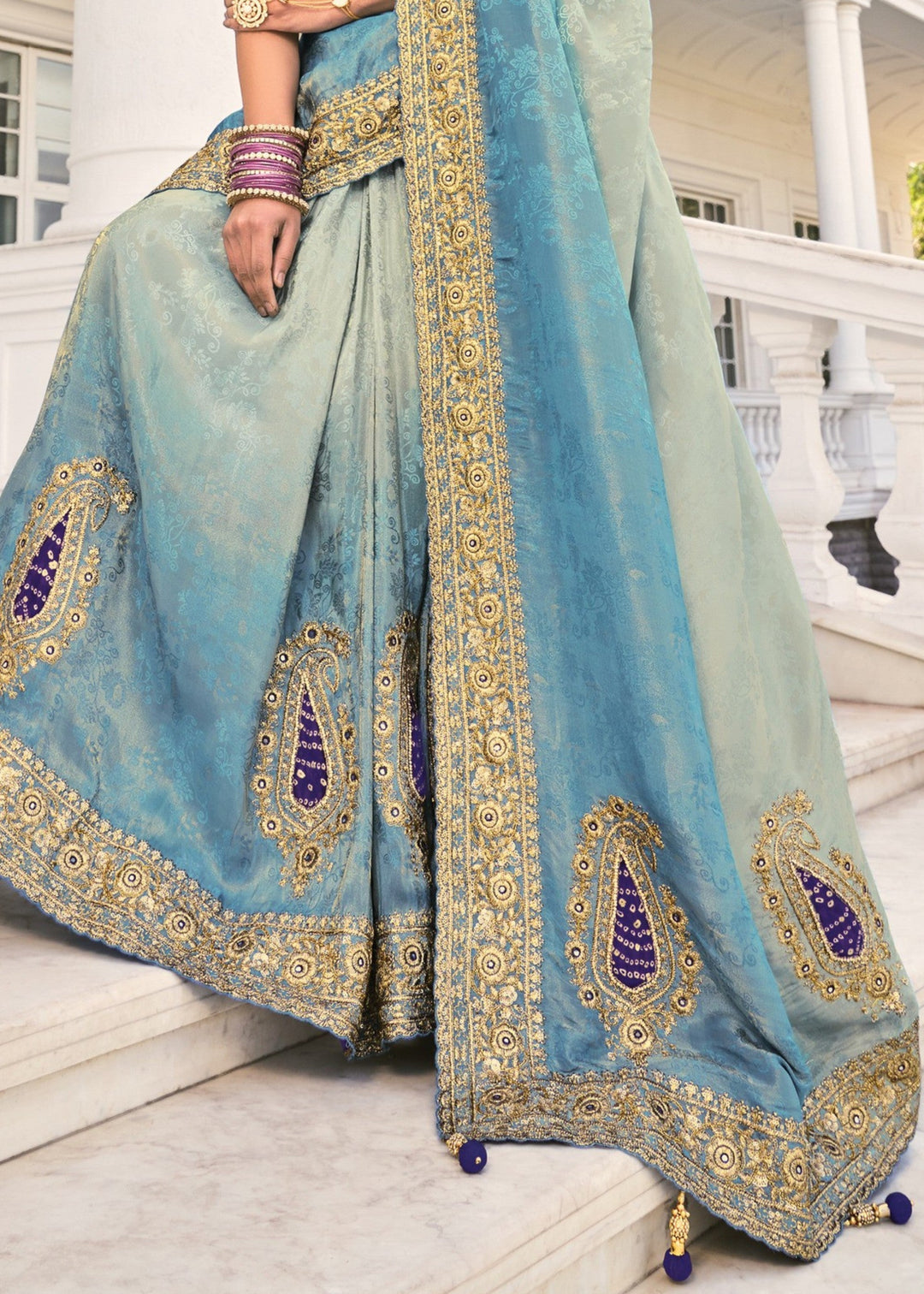 Grey Blue Crepe Silk Saree