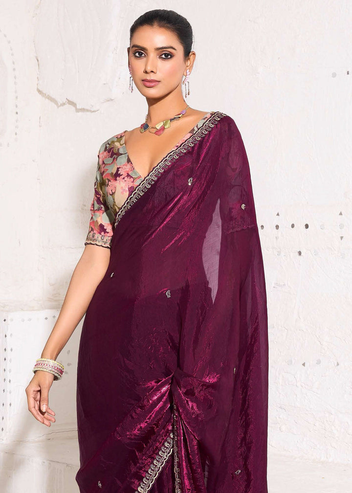 Wine Purple Gold Crush Tissue Silk Saree With Beautiful Blouse : Top Pick