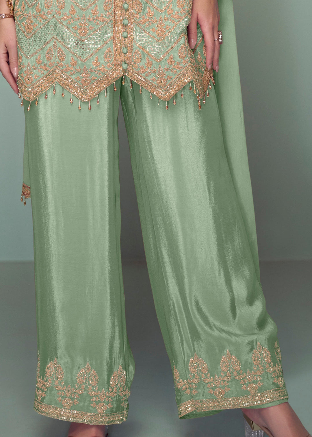 Spring Green Chinnon Silk Plazo Suit With Thread Embroidery