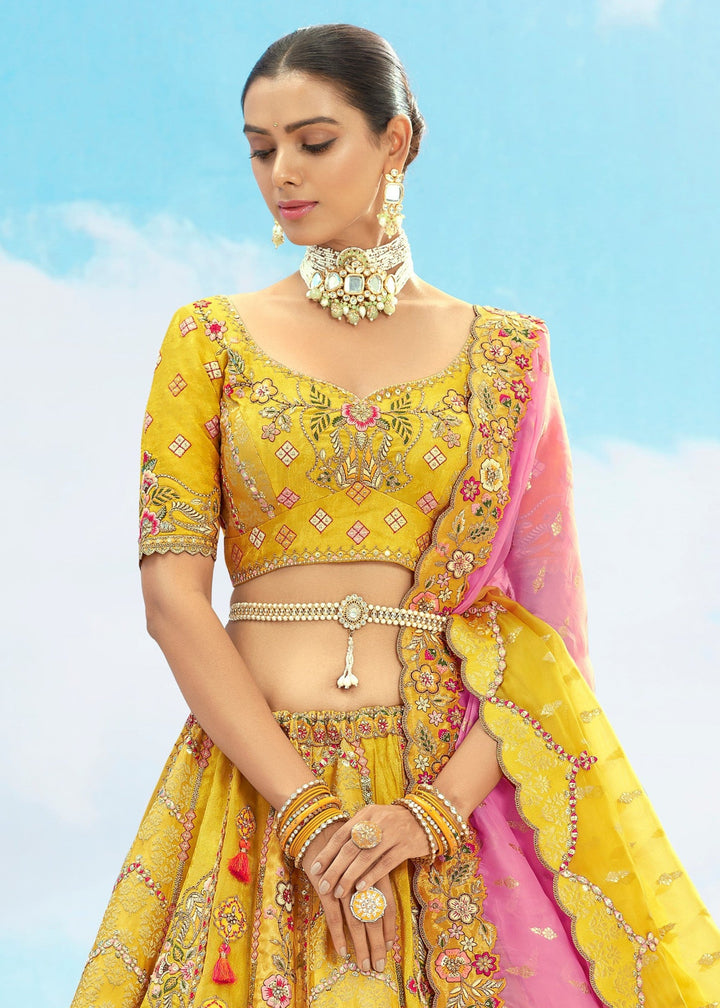 Yellow and Soft Pink Silk Lehenga With Cut Work Border