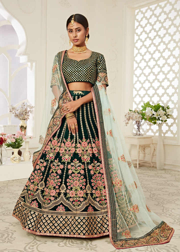 Green Velvet With Zari & Thread embroidery With Diamond Work Bridal Lehenga