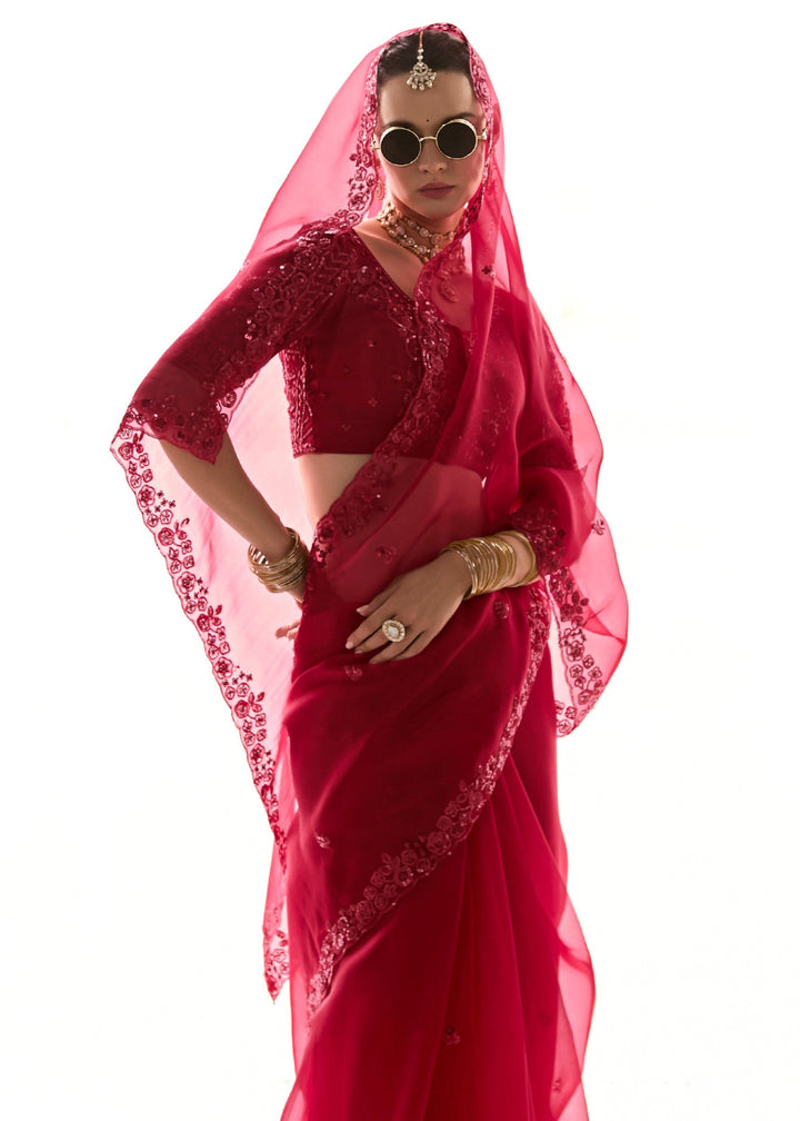 Raspberry Pink Organza Tissue Silk Saree