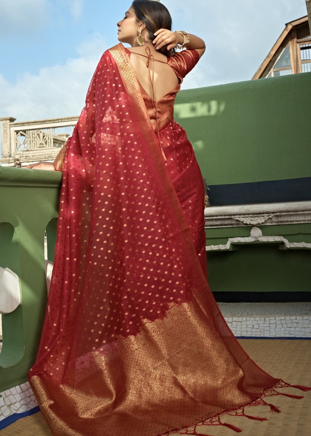Berry Red Organza Silk Saree