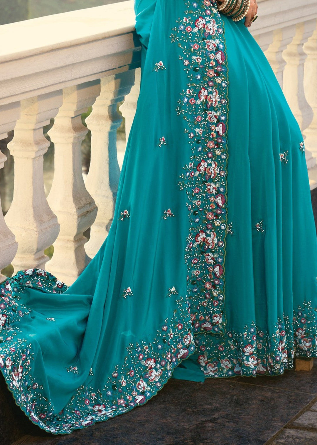 Firozi Blue Crepe Silk Saree