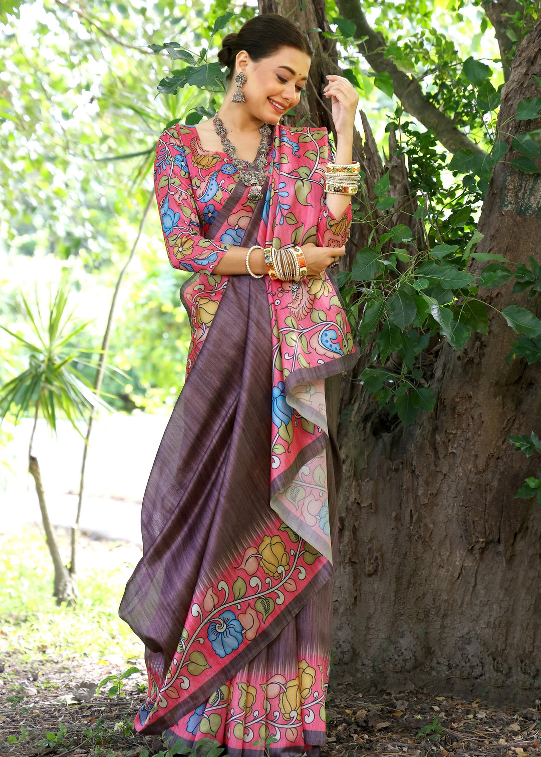 Coffee Solid Design Cotton Silk Saree