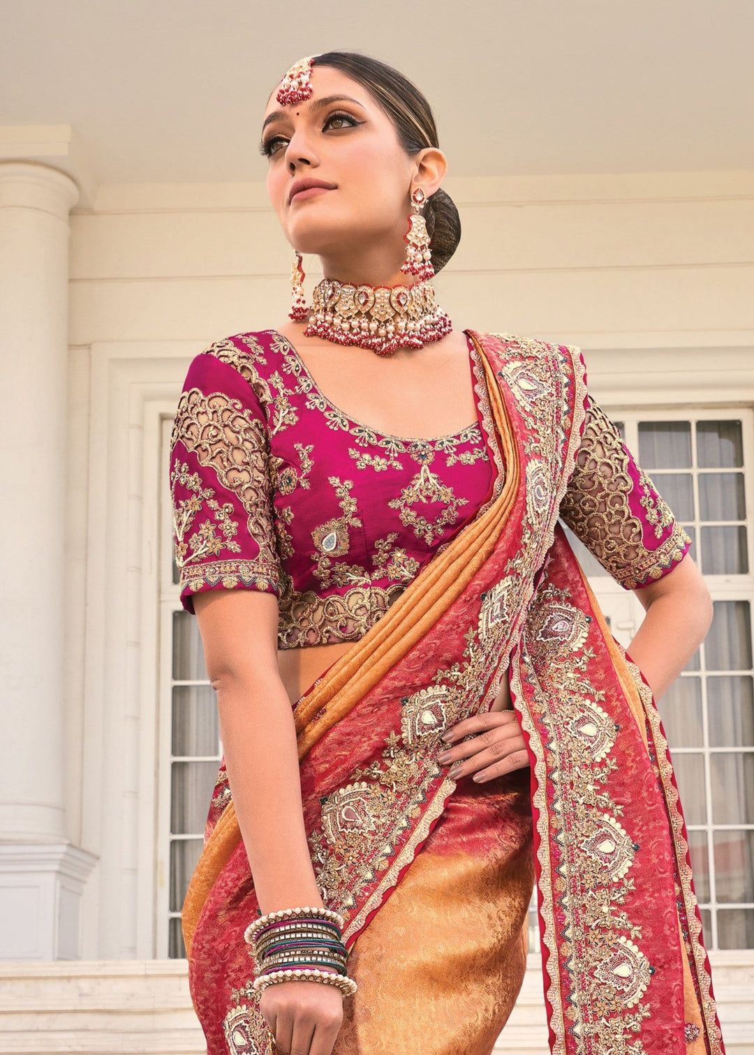 Peach Pink Crepe Silk Saree