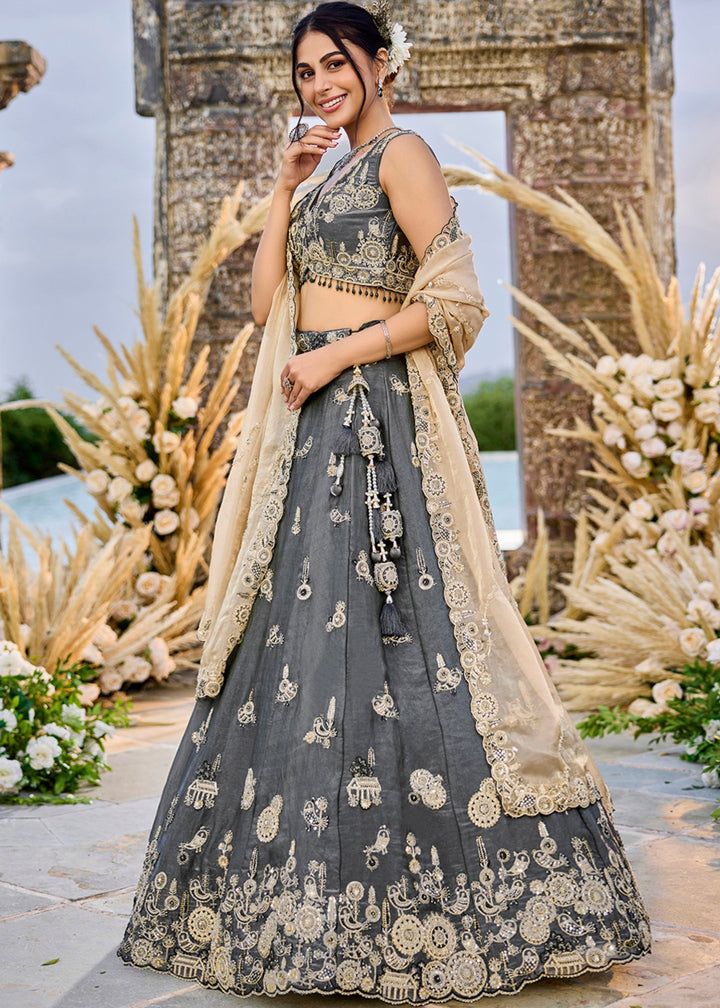 Grey Tissue Lehenga Choli with Beads & Sequince Embroidered