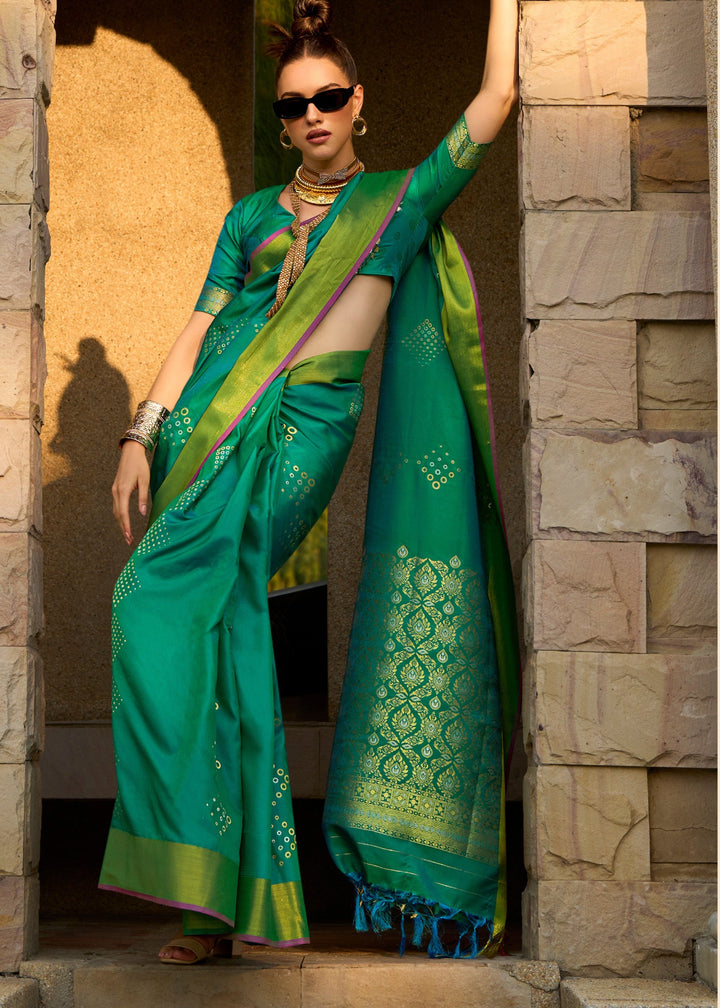 Bright Green Satin Silk Saree