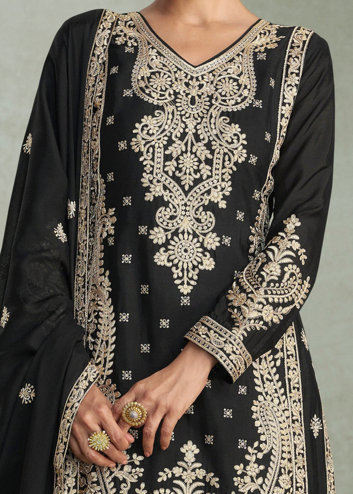Jet Black Premium Chinon Silk Salwar Suit