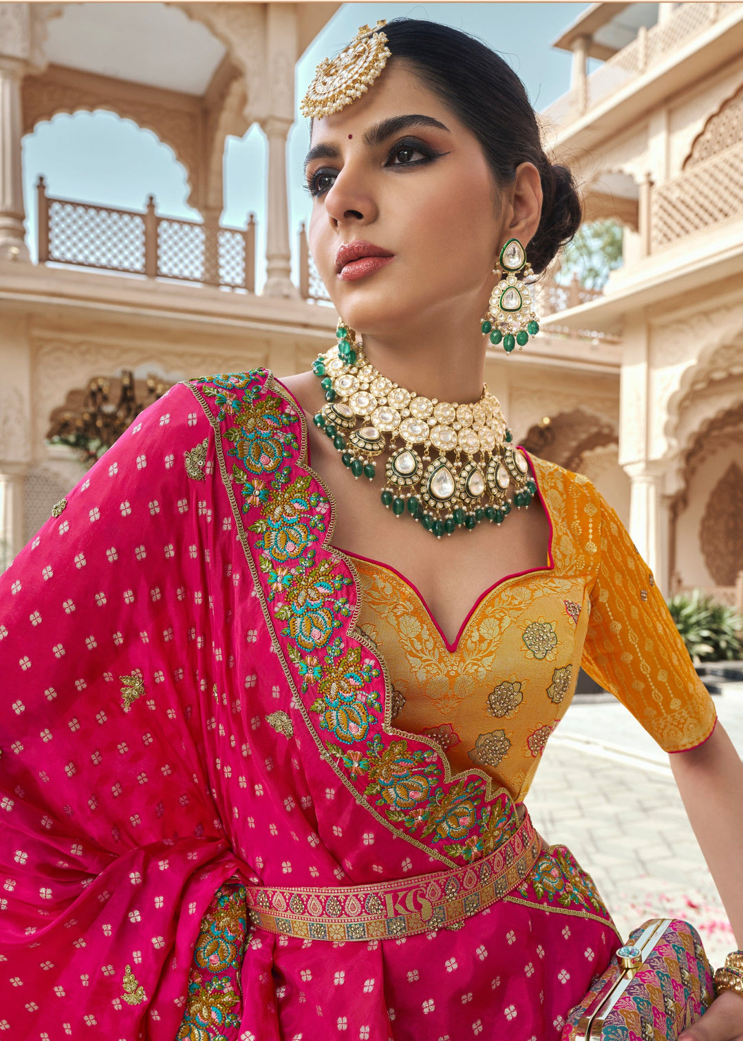 Hot Pink Banarasi Silk Lehenga with Zarkan & Cutwork