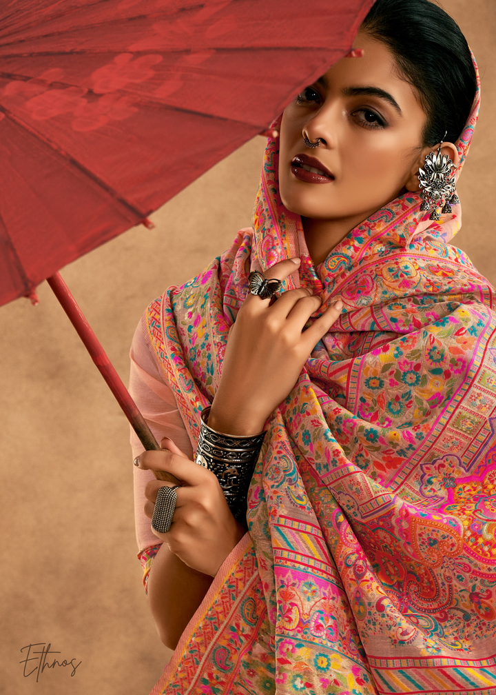 Blush Peach with Multicolour Kashmiri Floral Weave Saree
