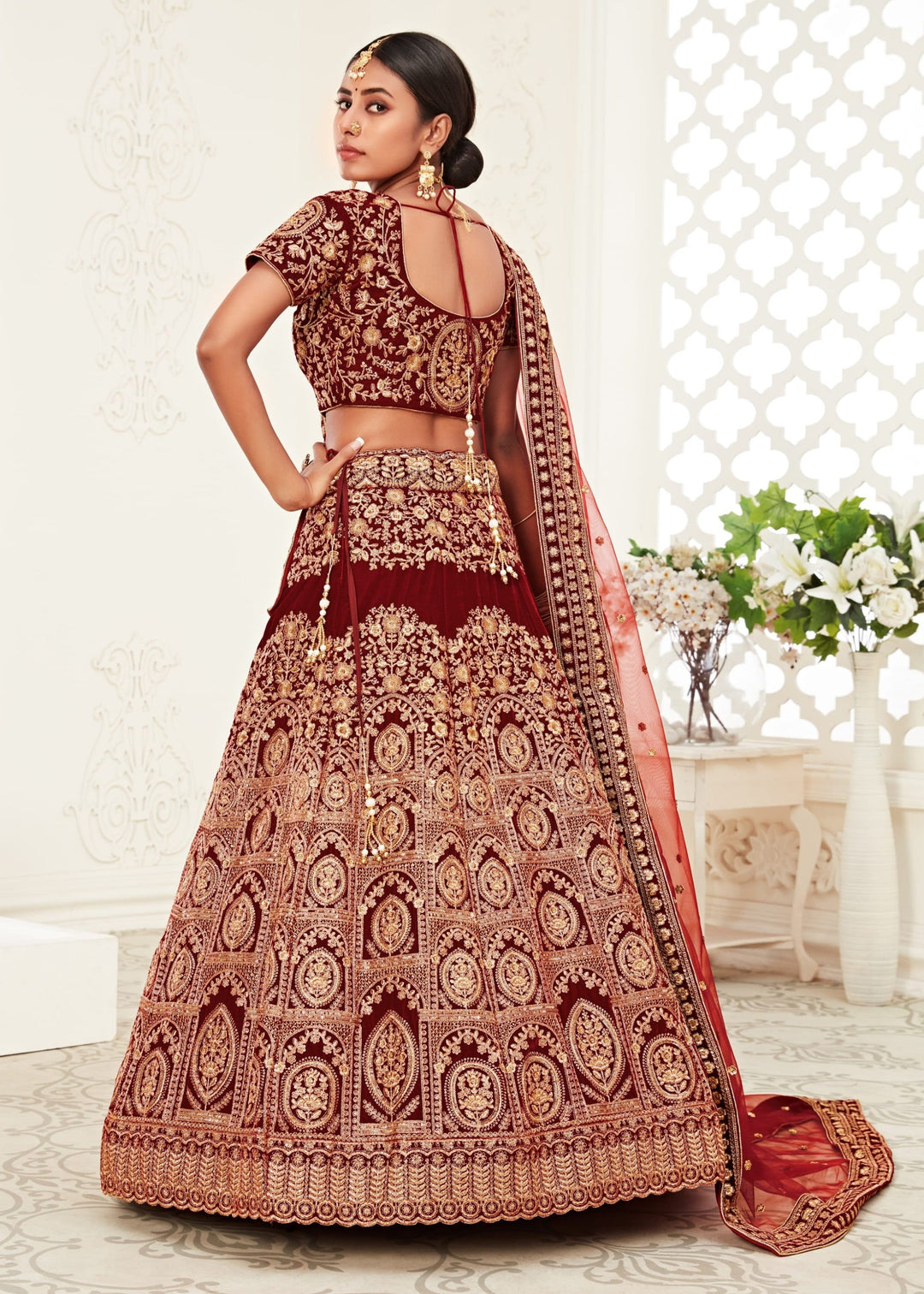 Red Velvet Lehenga With Thread, Zari, Dori and Sequins Embroidery Work