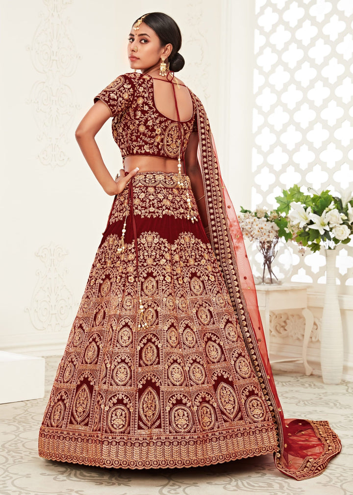Red Velvet Lehenga With Thread, Zari, Dori and Sequins Embroidery Work