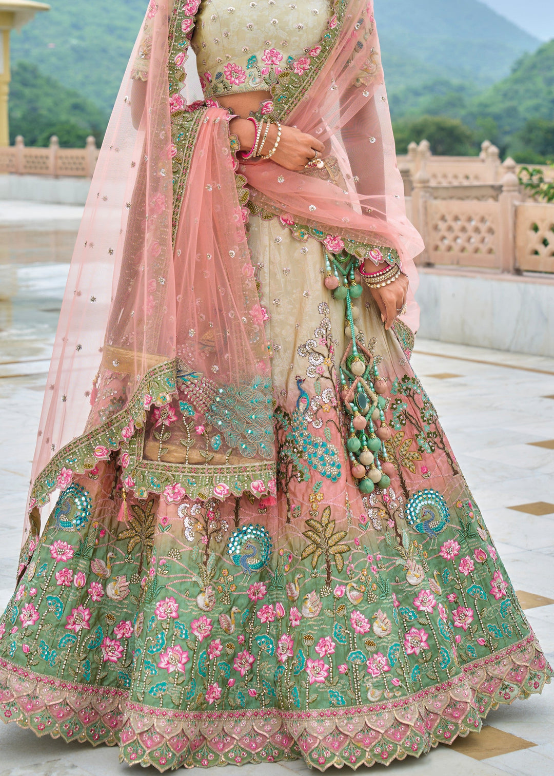 Pista Green and peach Viscose Tissue Lehenga Choli with Embroidery Work : Top Pick