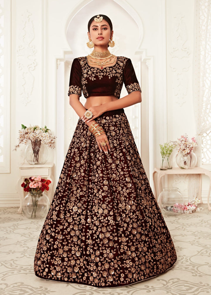 Majestic Maroon Pure Velvet Zari And Sequins Embroidery Lehenga