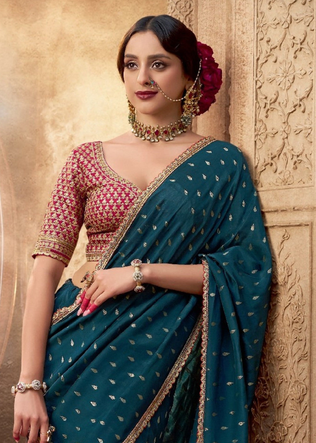 Teal Viscose Crepe Silk Saree