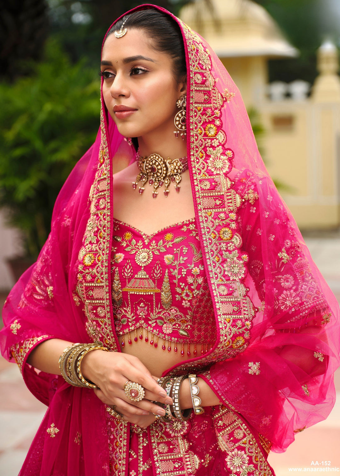 Rani Pink Heavy Bridal Silk Lehenga With Khatli And Embroidery Work