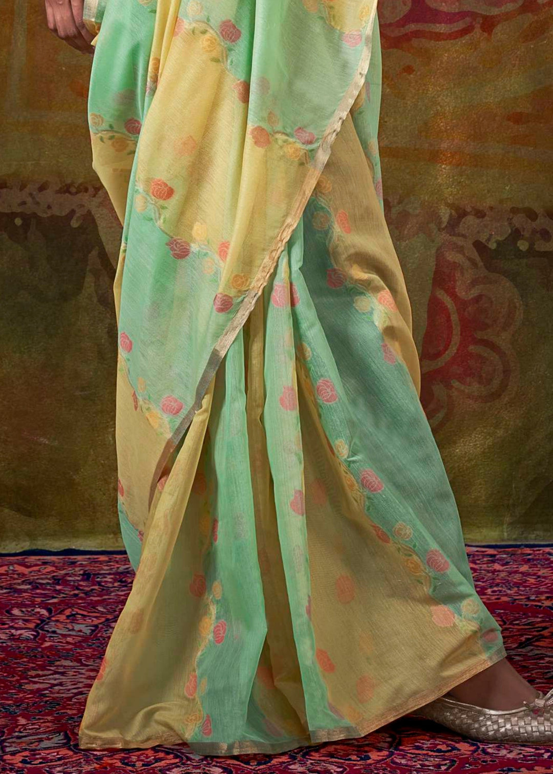 Mint Green And Yellow Cotton Silk Saree With Rangkaat Handloom Weaving