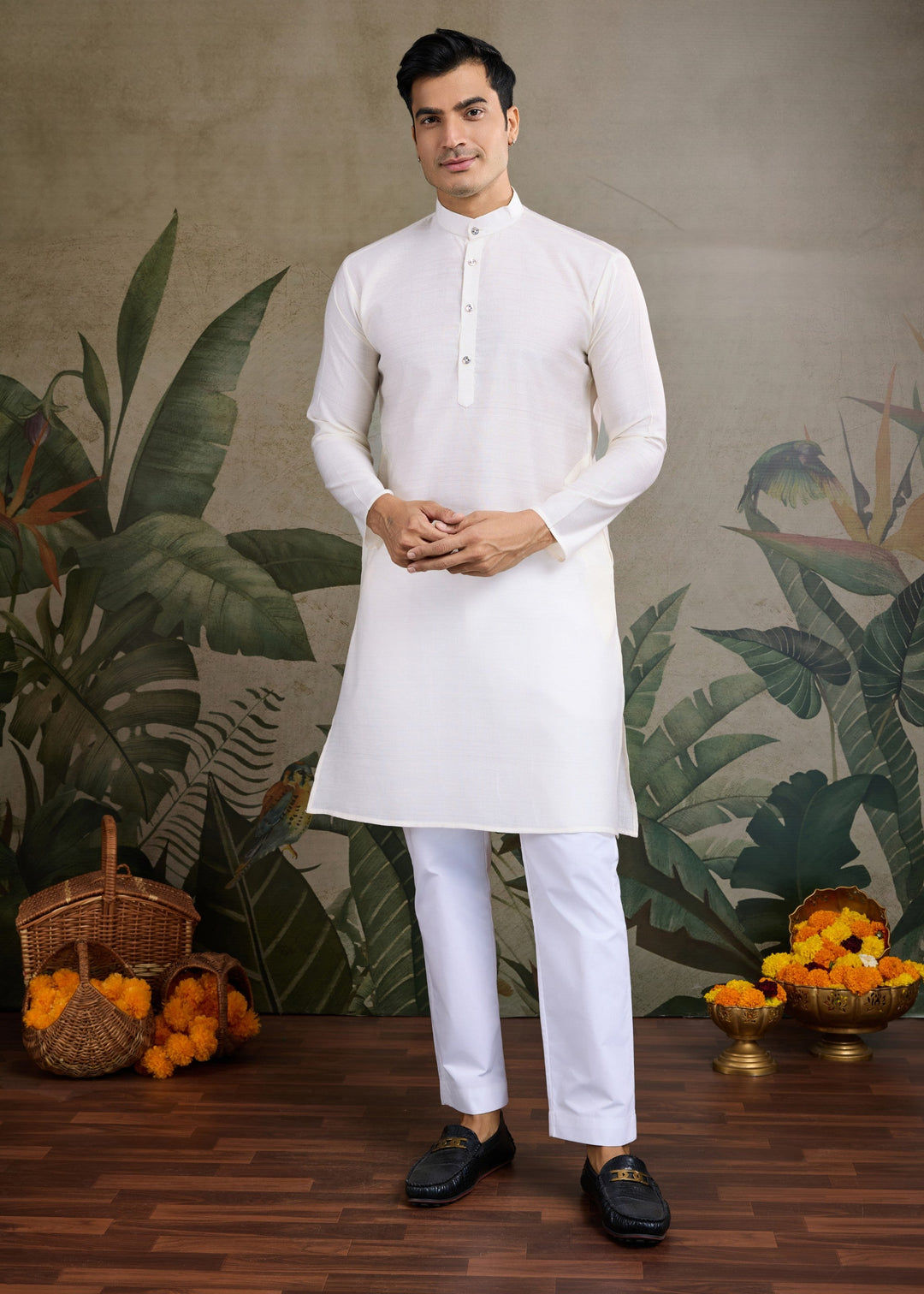 White Mens Wear Koti Style with Kurta and Pajama