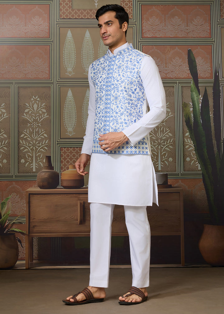 White Kurta And Pant With Soft Powder Blue And White Embroidered Nehru Jacket