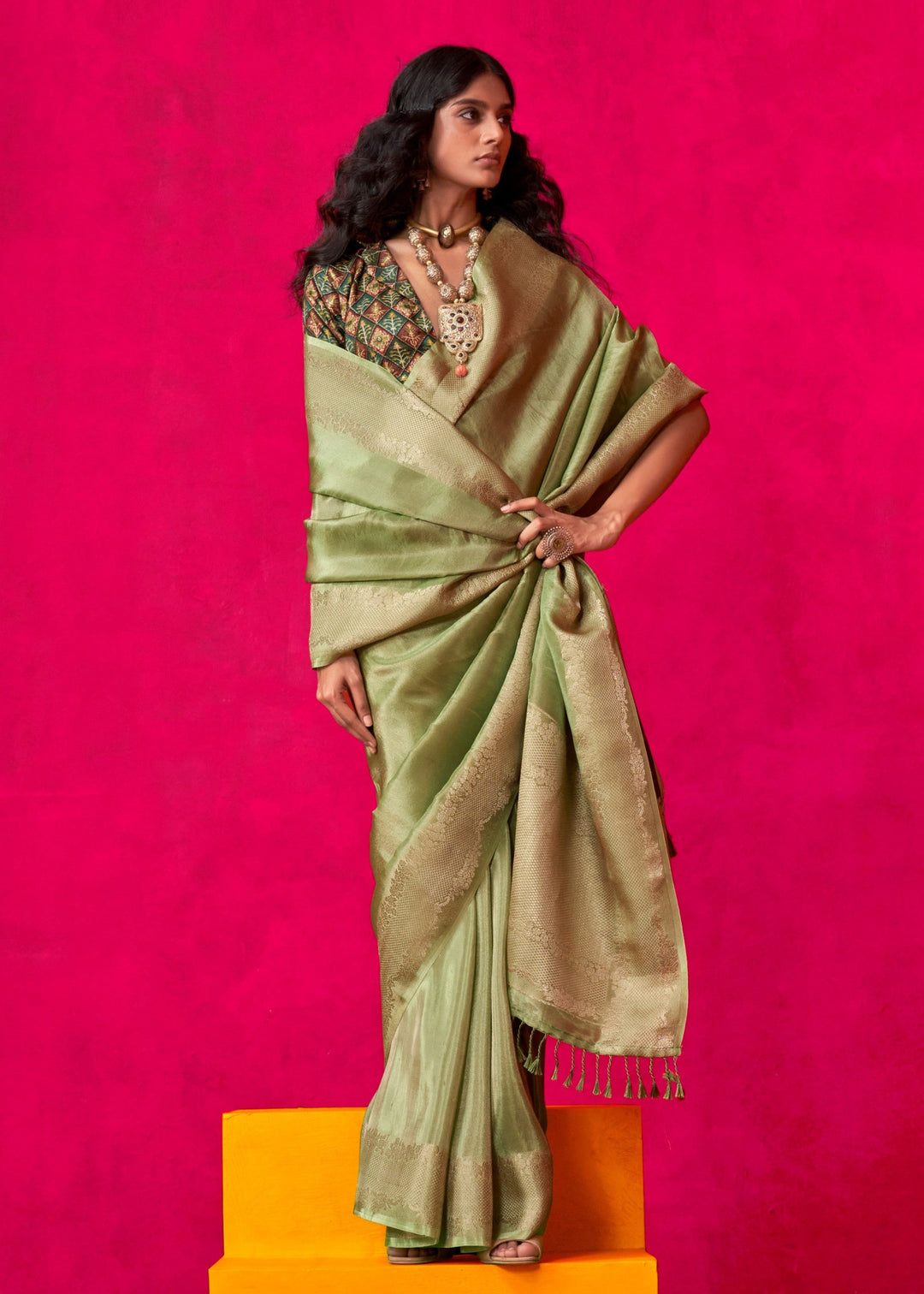 Bud Green Tissue Silk Saree