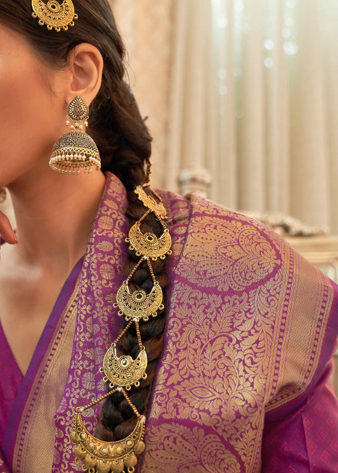 Irish Purple Zari Woven Kanjivaram Silk Saree with Tassels on Pallu