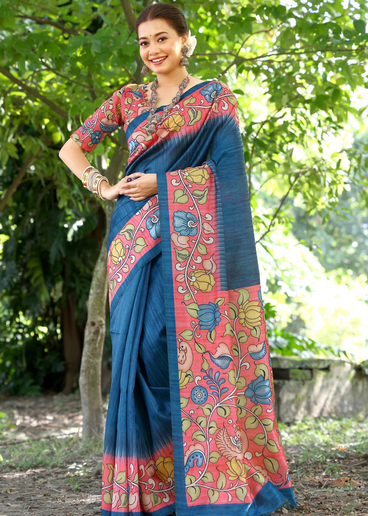 Blue Solid Design Cotton Silk Saree