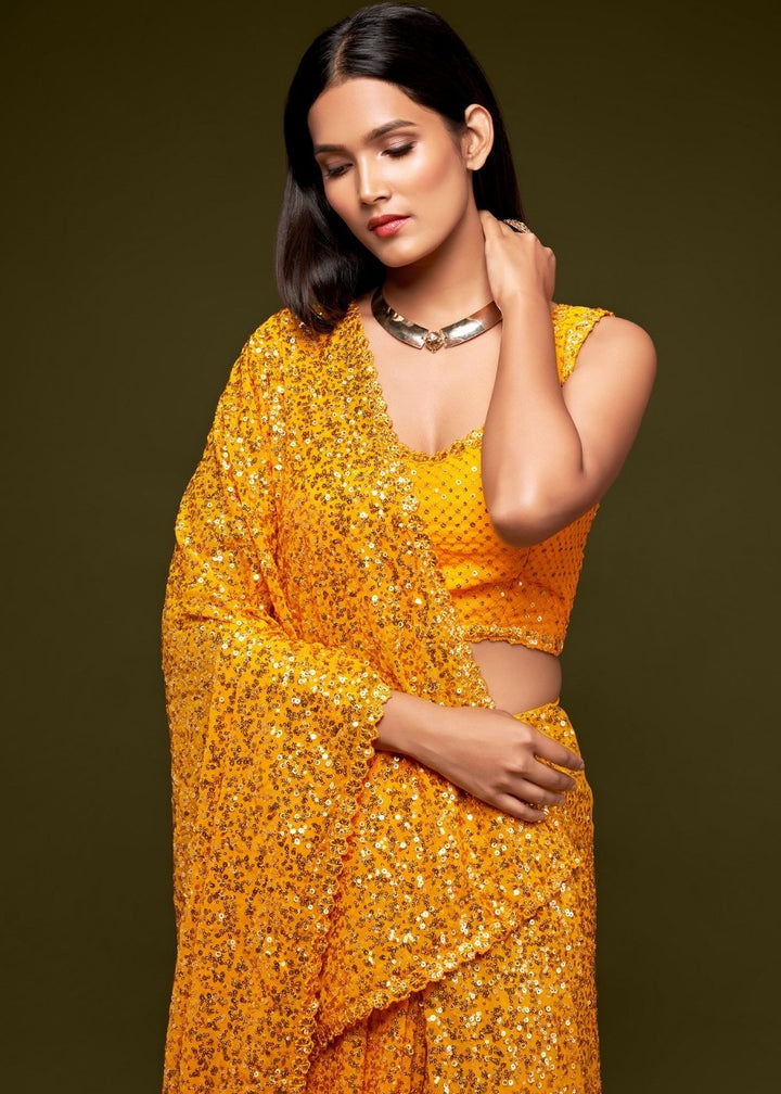 Golden Yellow Designer Georgette Saree